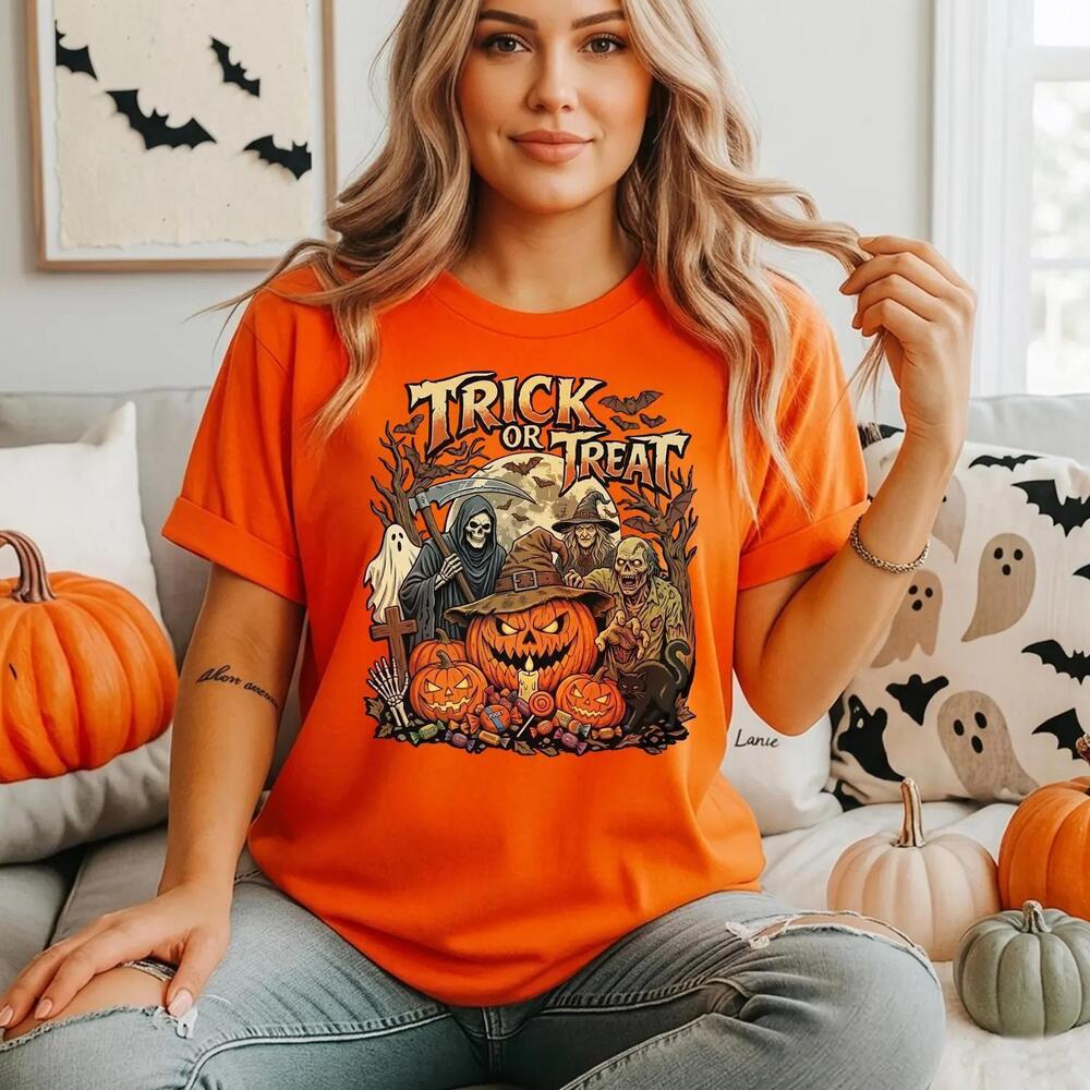 Retro Trick Or Treat Ghost Graphic Spooky Fall Family Matching Halloween Shirt